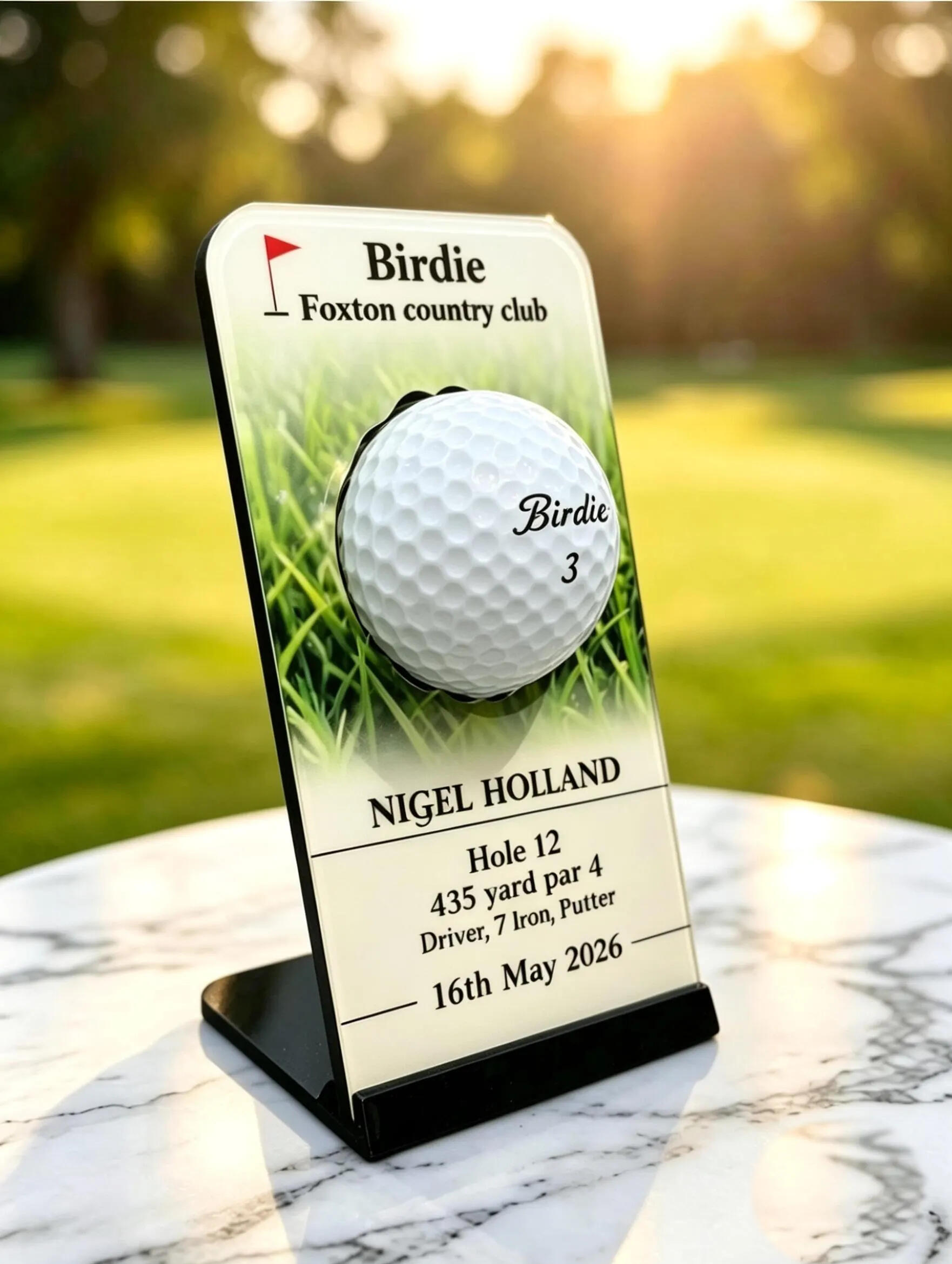 Personalised wooden hole-in-one golf ball display plaque featuring a golf course background, club name, and player details.
