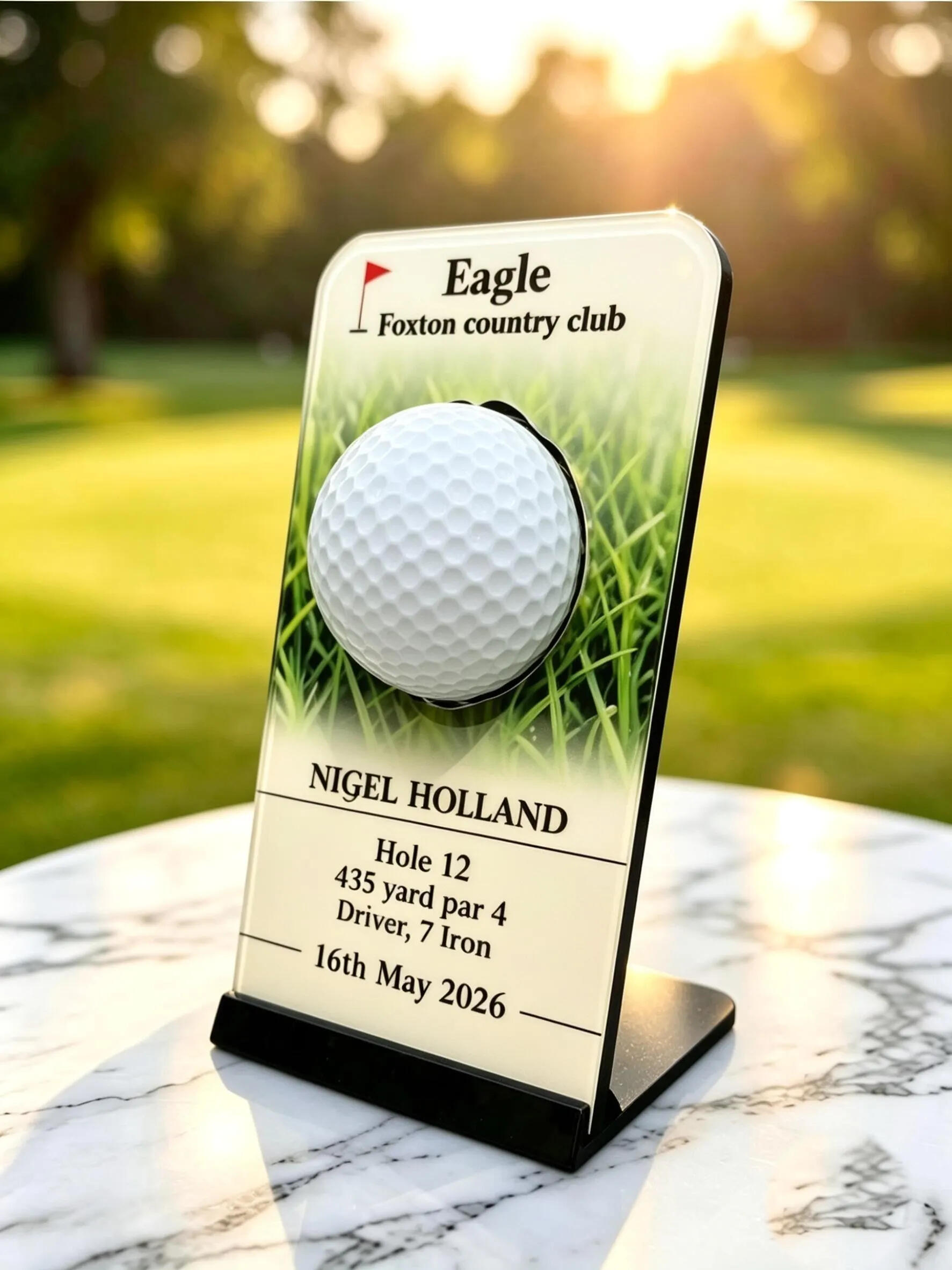 Personalised illuminated acrylic hole-in-one golf ball display plaque featuring a golf course background, club name, and player details.