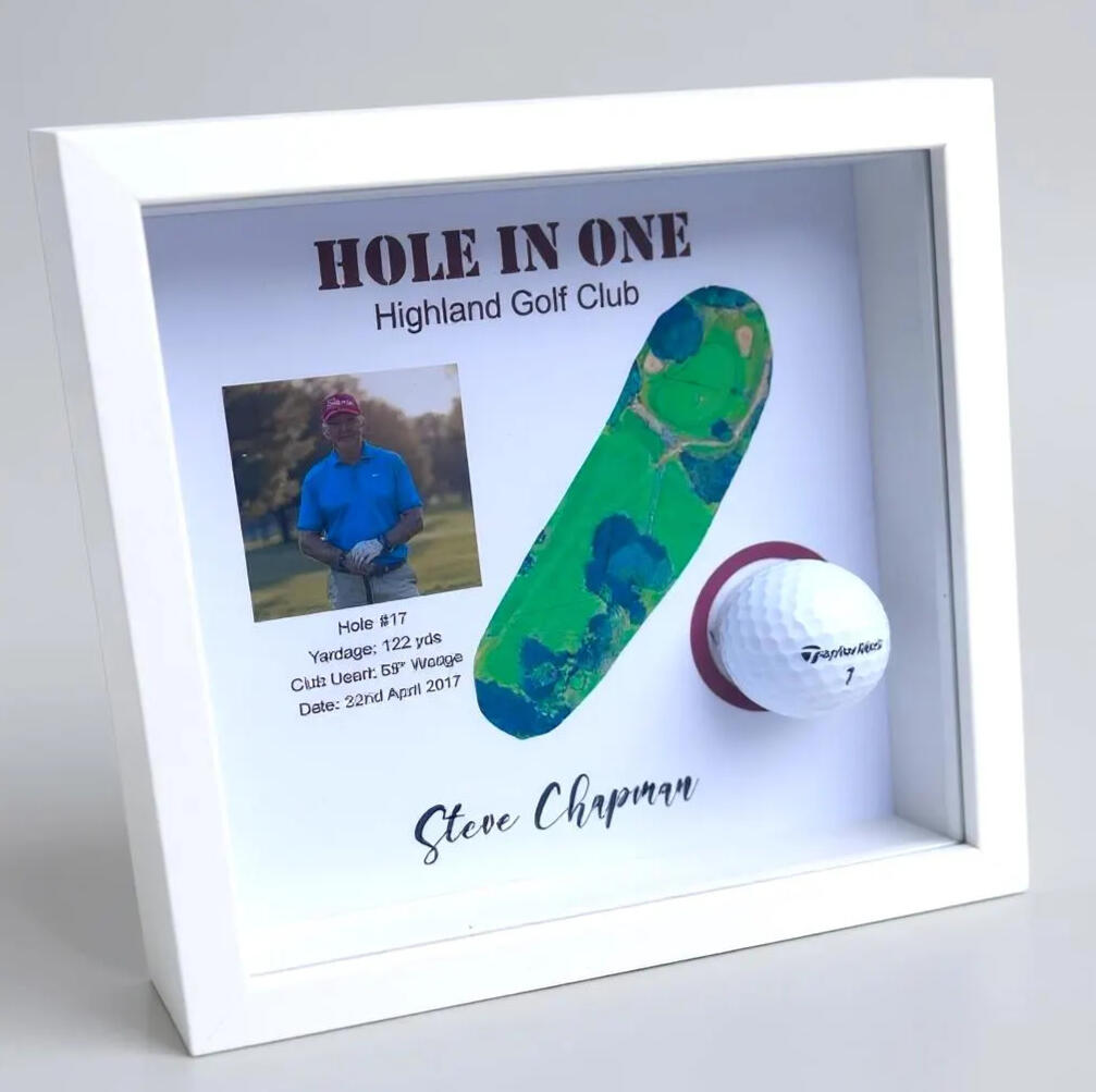 Custom golf hole-in-one shadow box frame featuring a course layout diagram, player photo, achievement text, and a mounted hole-in-one ball.